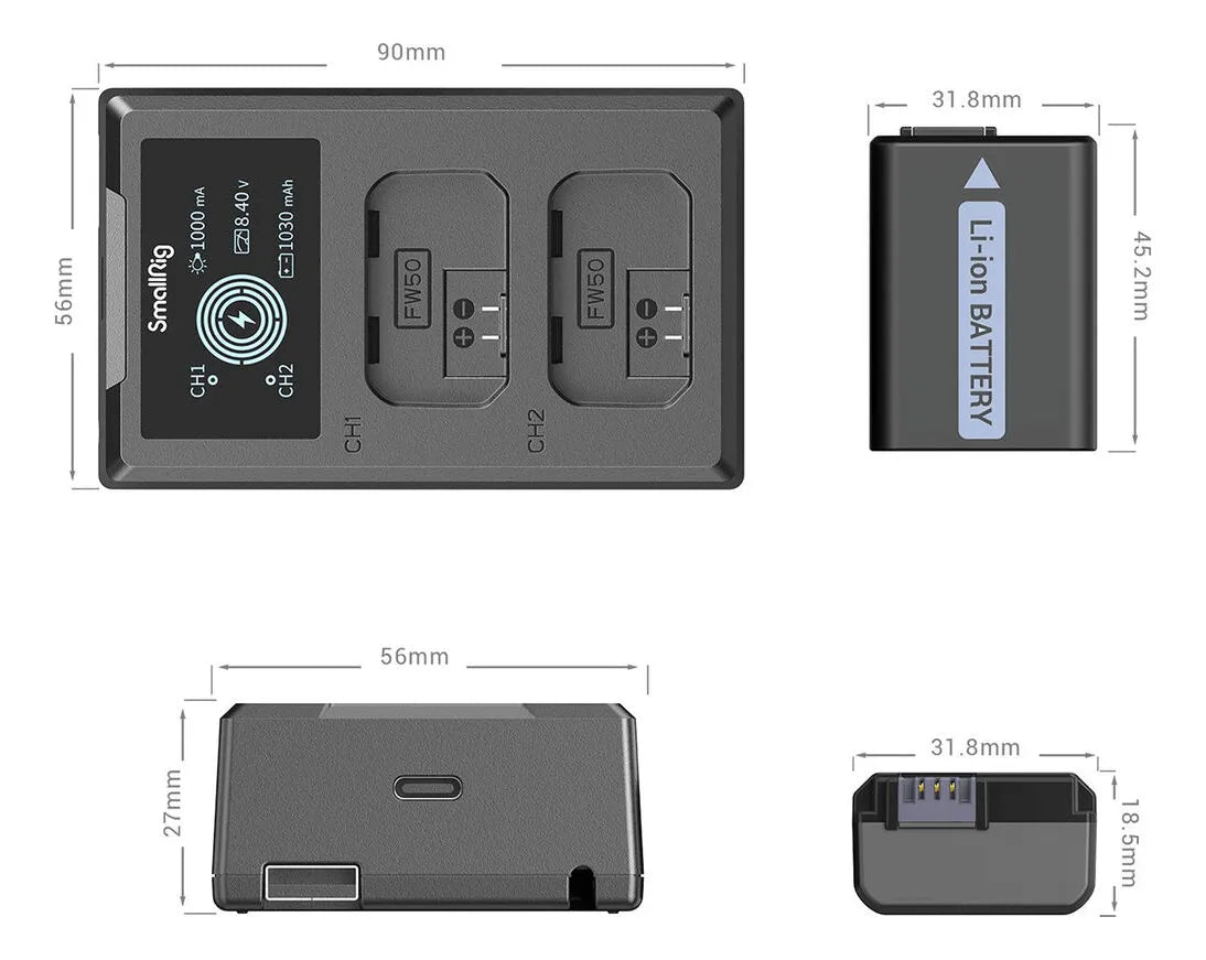 SmallRig Kit de Bateria e Carregador FW50 para Câmeras Sony Mirrorless