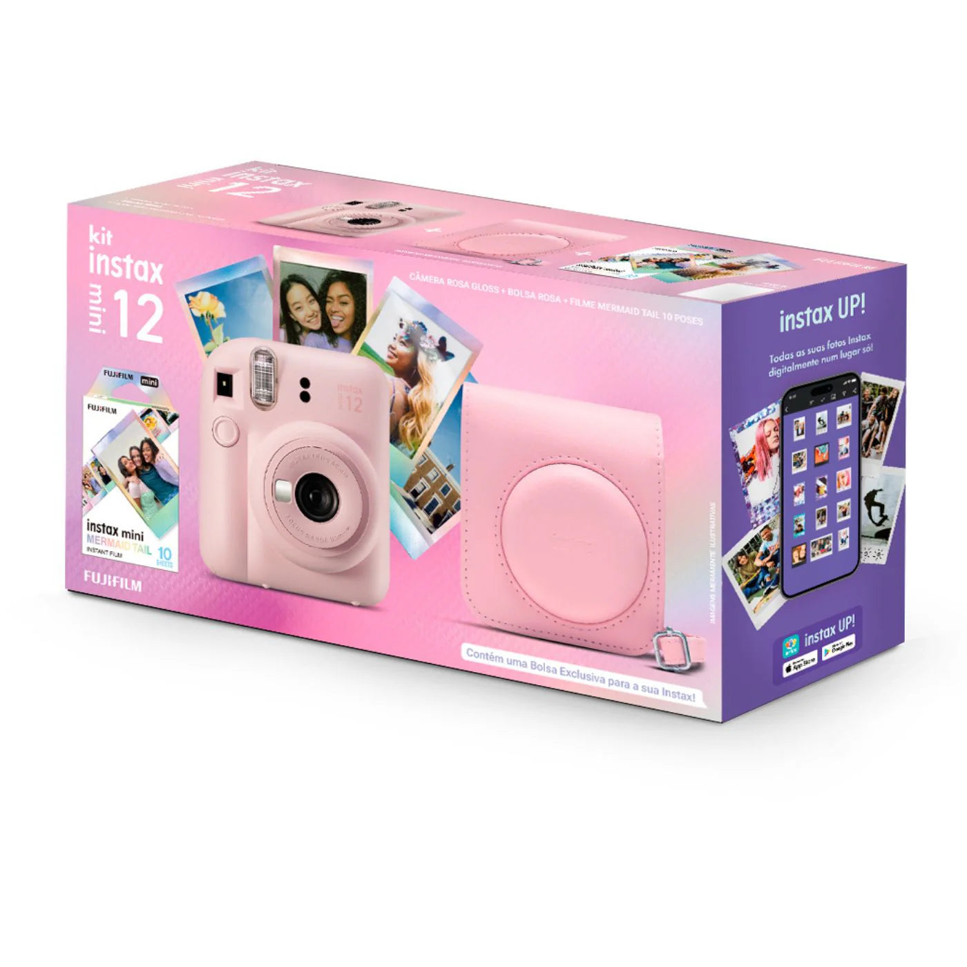Fujifilm Instax Mini 12 Rosa Gloss Kit com Bolsa e 10 Filmes – Fotos Instantâneas